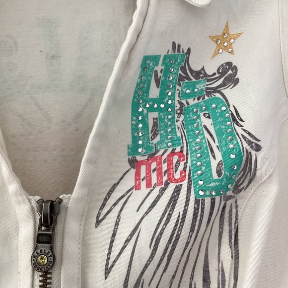 Harley-Davidson xs white and teal denim sparkle studded wings top - Picture 2 of 6